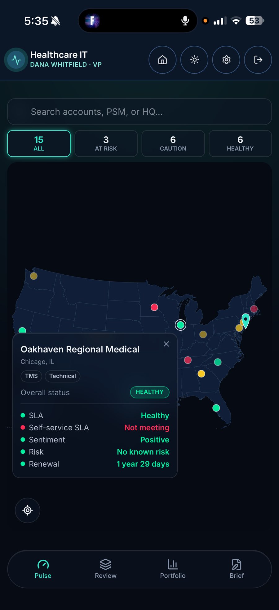 Pulse: all accounts filtered by status — 3 at risk, 6 caution, 6 healthy — shown on a map (sample data)