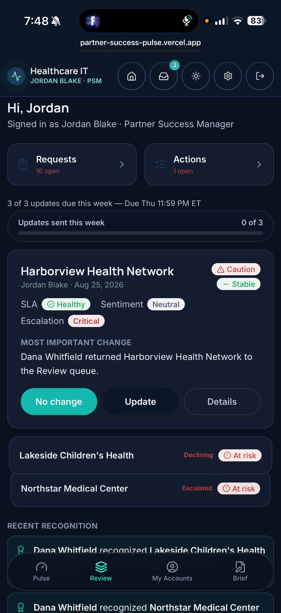 PSM view: this week's updates due, one account with status, SLA, sentiment and escalation, and No change or Update buttons (sample data)